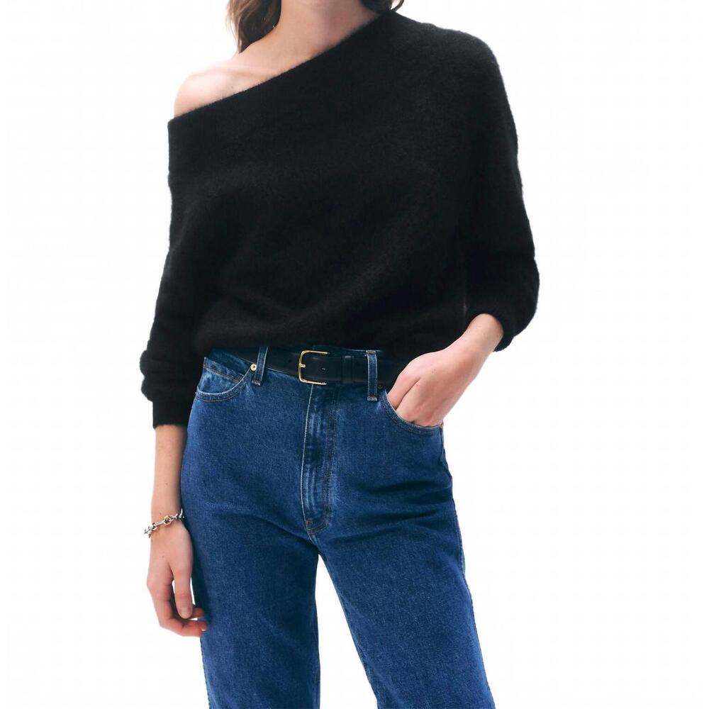 NEW WHITE + WARREN brushed cashmere off the shoulder top in black
